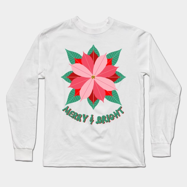 Poinsettias and Holly leaves and berries on a navy background. Long Sleeve T-Shirt by MarcyBrennanArt